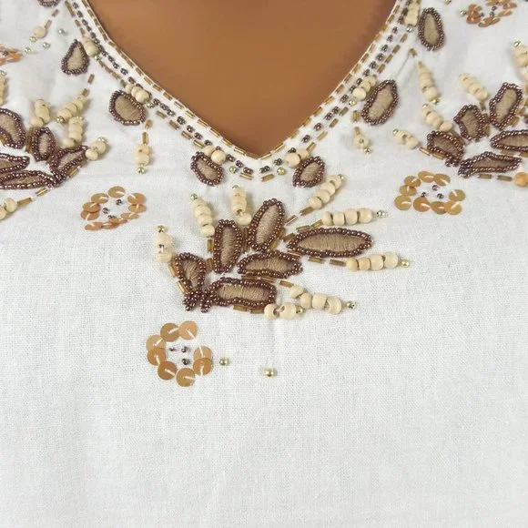 ANNE CARSON Top 2X Linen Blouse Ivory V-Neck Brown Embroidery Leaves Wood Beads - Picture 3 of 10